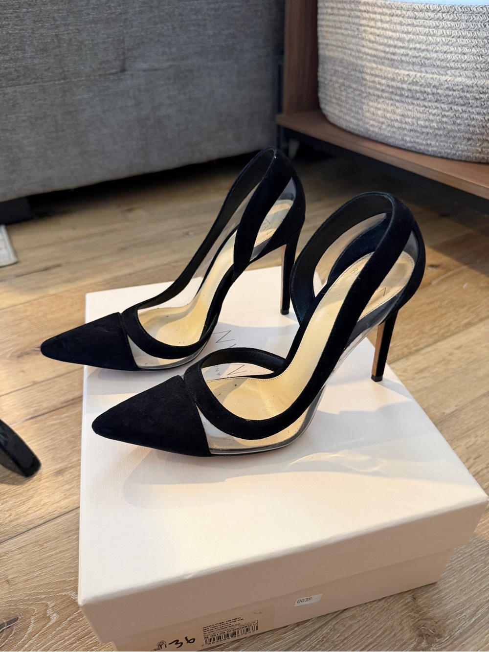Alexandre Birman black suede clear vinyl pointed toe high heels 36